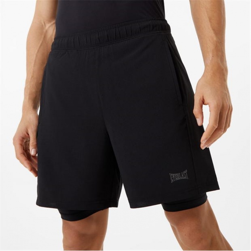 Black Everlast 2 In 1 Men's Shorts | 28905KJQE