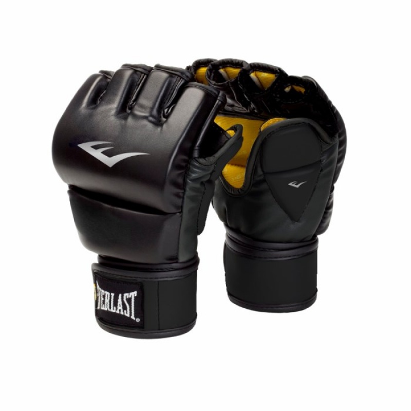 Black Everlast Elite MMA Pro Leather Grappling Unisex MMA Gloves | 98527DOMR