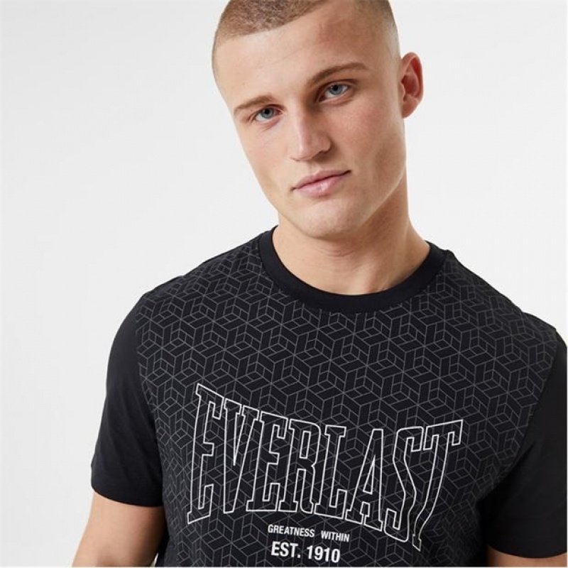 Black Everlast Geo Print Men's T-Shirt | 21408NRFJ