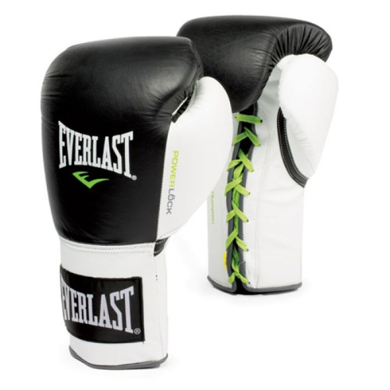 Black White Everlast Powerlock Laced Training Unisex Boxing Gloves | 79681MFNE