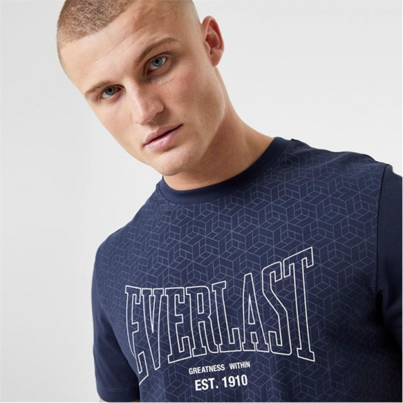 Blue Everlast Geo Print Men's T-Shirt | 78940RQMJ