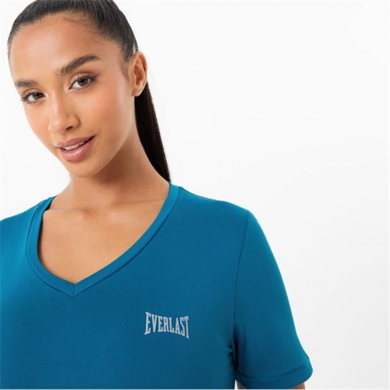 Blue Everlast V Neck Mesh Women's T-Shirt | 80219DASJ