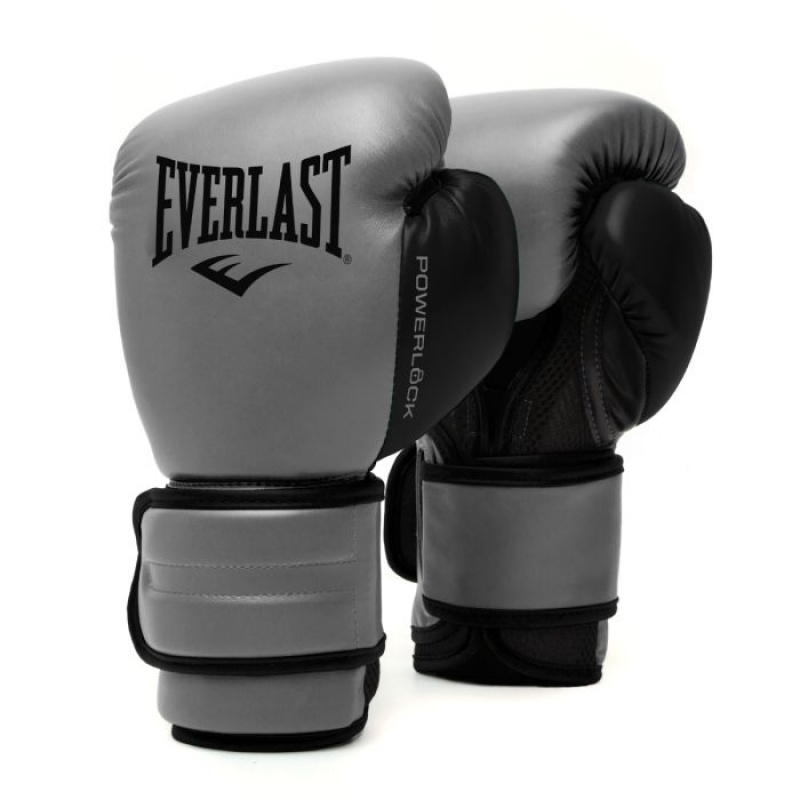 Grey Black Everlast Powerlock2 Pro Hook & Loop Unisex Training Gloves | 09265SZXC