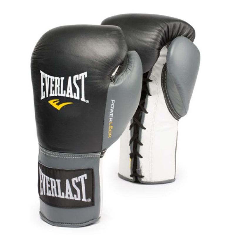 Grey Black Everlast Powerlock Laced Training Unisex Boxing Gloves | 10637TEHP