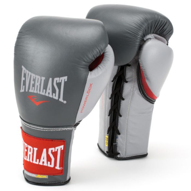 Grey Red Everlast Powerlock Pro Fight Unisex Boxing Gloves | 04375TKPV