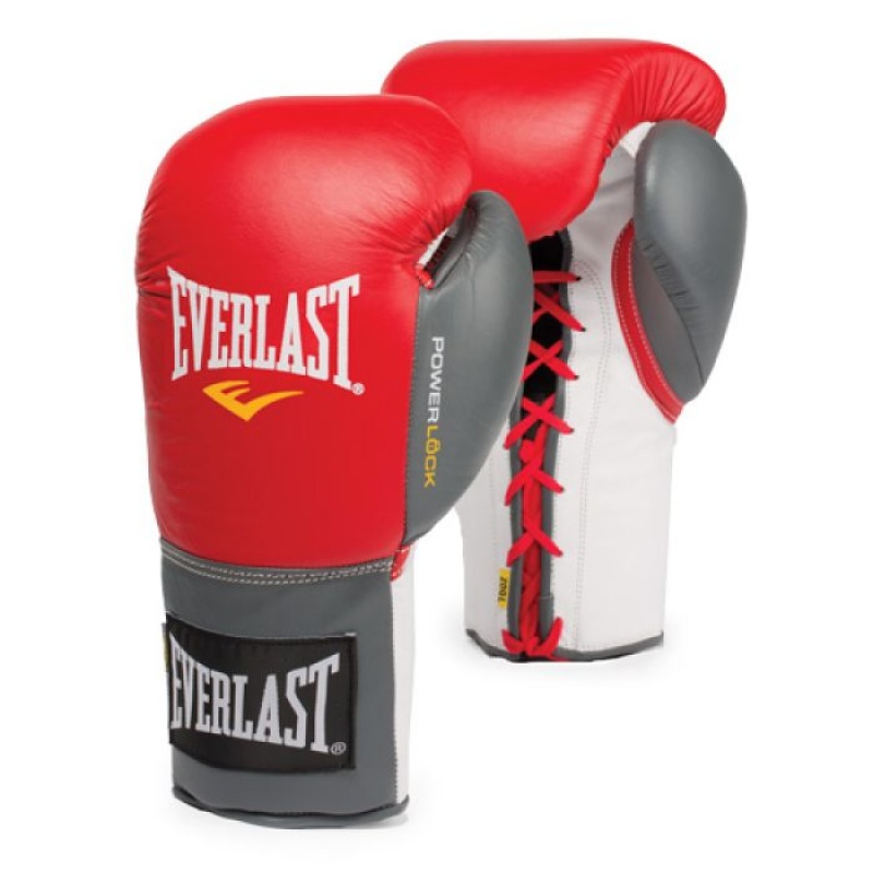 Red Grey Everlast Powerlock Laced Training Unisex Boxing Gloves | 62758JQSF