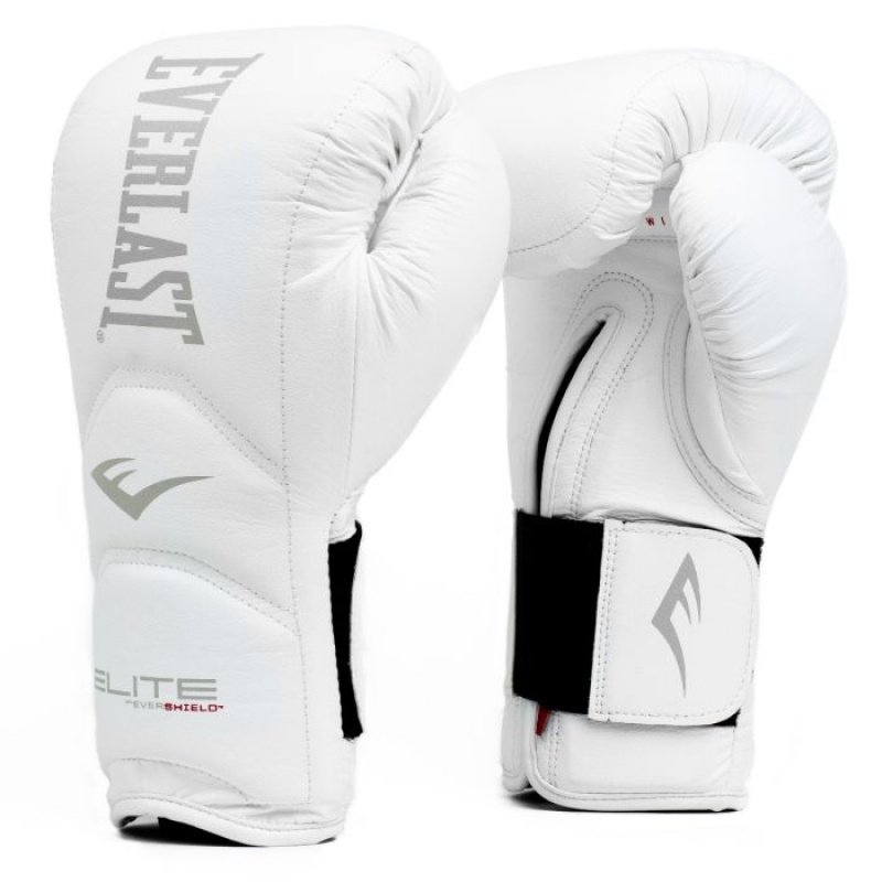 White Everlast Elite Hook & Loop Training Unisex Boxing Gloves | 83742FQCX